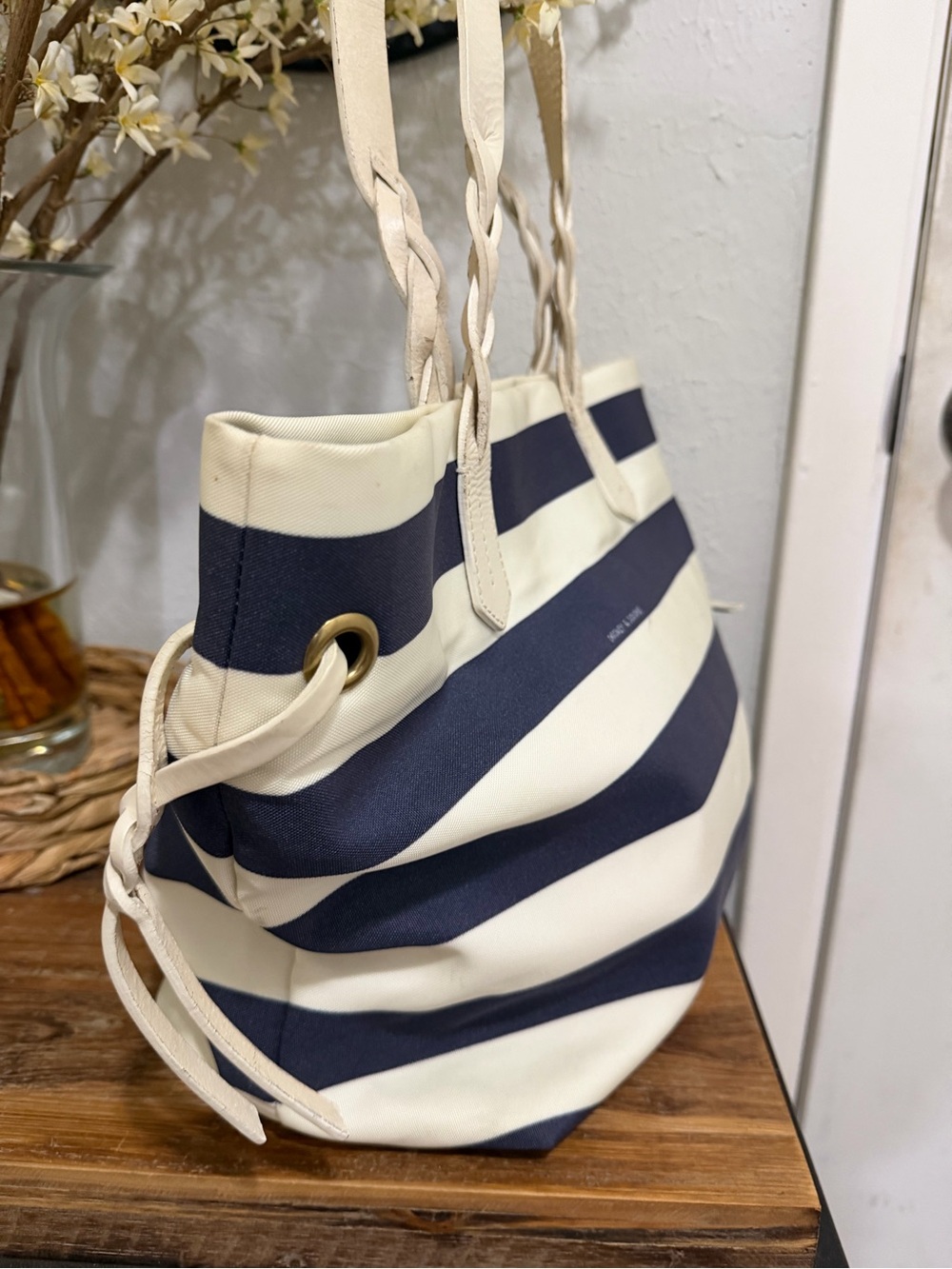 Dooney & Bourke Navy and Cream Striped Tote with Braided leather Handles - Picture 3 of 9